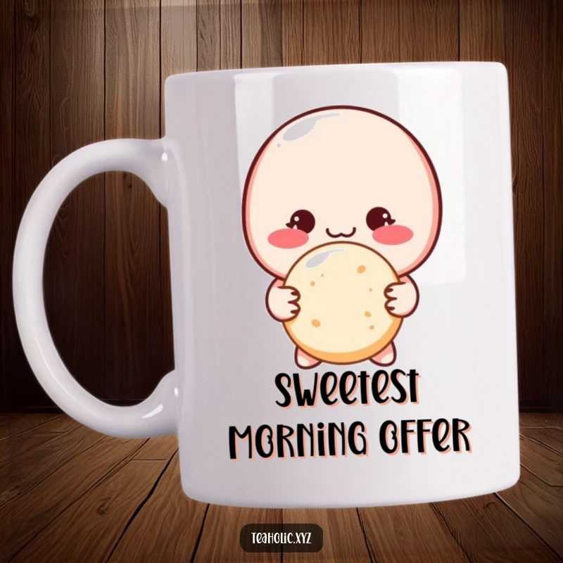 Funny blushing macaron character shyly offering a sugar cookie with both hands on a mug, radiating sweet innocence.