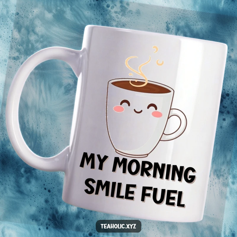 Funny coffee cup mug with playful steam forming a happy smiley face, perfect for a cheerful morning beverage.