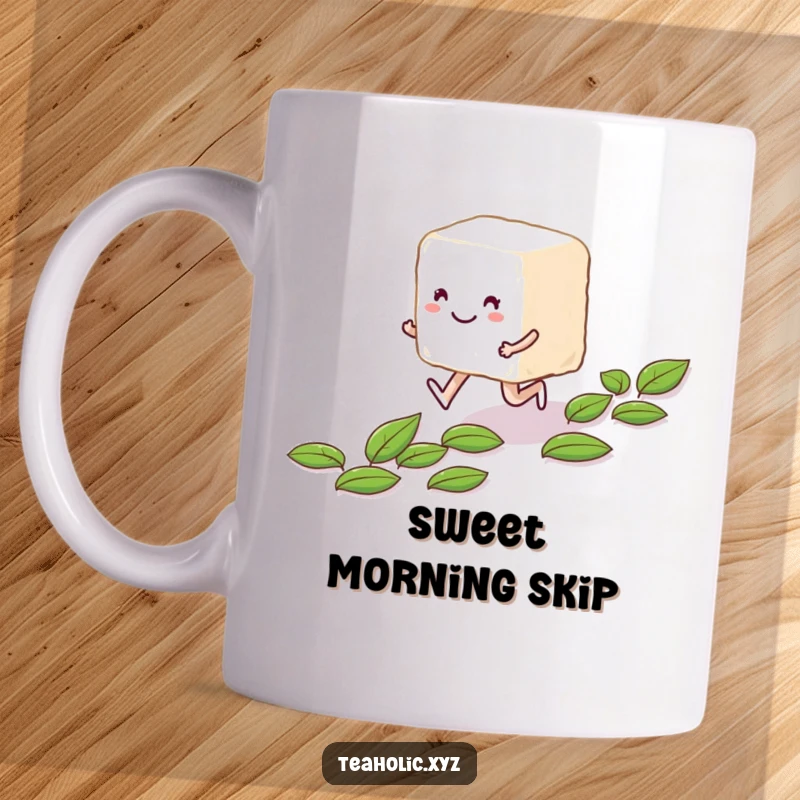 Funny smiling sugar cube character skipping joyfully along a path of tea leaves on a mug.