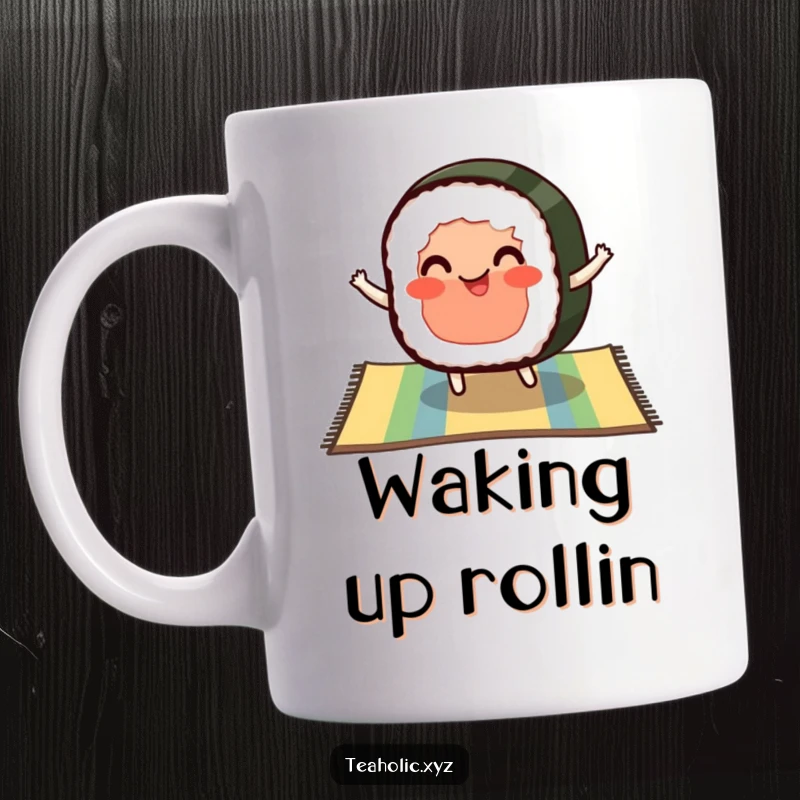 Funny mug showing a pleased slice of sushi with rosy cheeks bouncing on a colorful mat, celebrating delicious food.