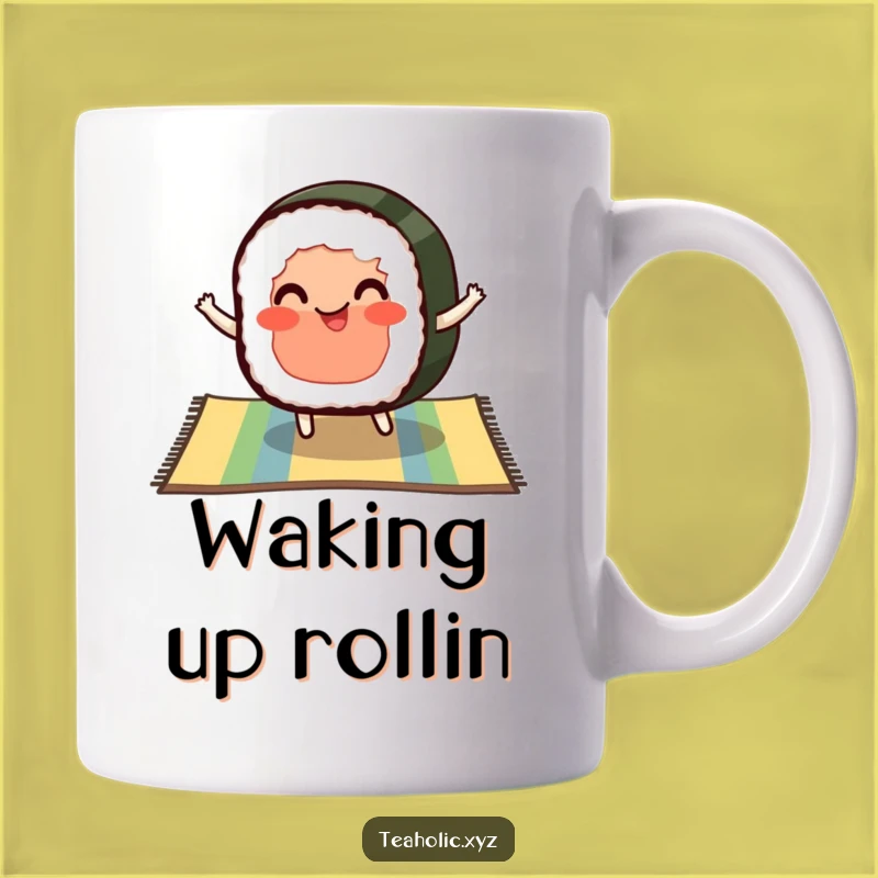 Funny Sushi Lover Mug - Pleased Sushi Slice Bouncing on Mat, Cute Gift