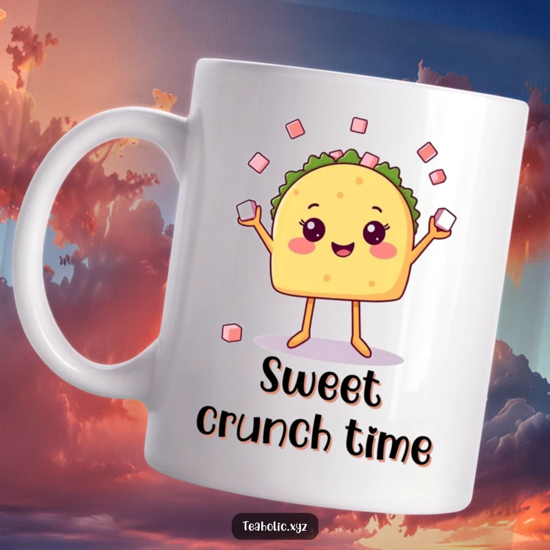 Funny mug featuring a cheerful taco character with legs energetically juggling tiny sugar cubes, embodying pure fiesta fun and culinary delight.