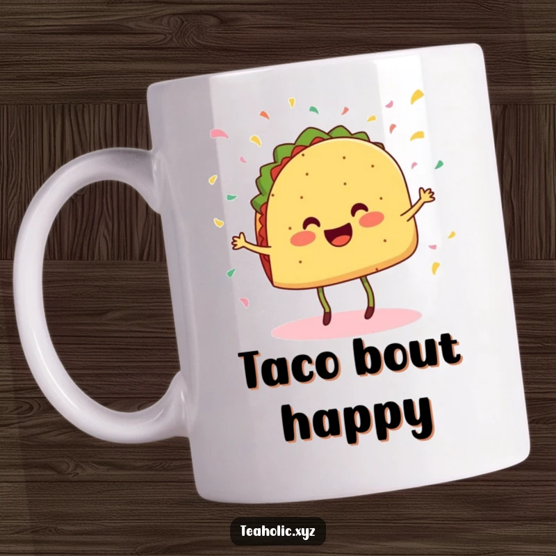 Funny mug depicting a cheerful taco with legs dancing joyfully as confetti falls, celebrating a festive mood.