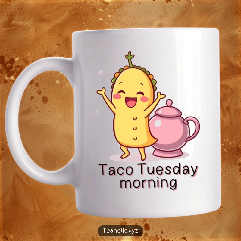 Funny joyful taco character doing a delightful shimmy dance next to a teapot on a humorous mug.