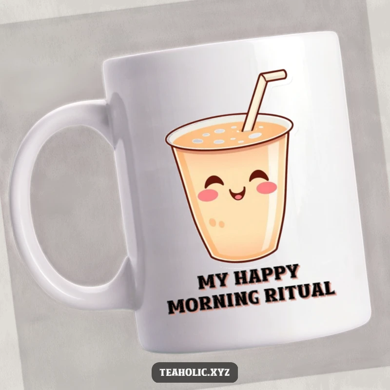 Funny mug featuring a smiling cup of tea with a tiny straw wiggling joyfully, radiating happiness and good vibes.