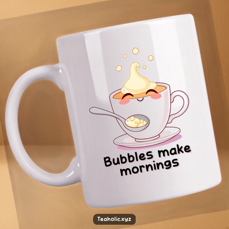 Smiling teacup character joyfully overflowing with shimmering soap bubbles, bringing happiness and fun.