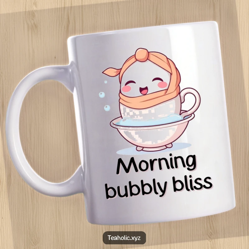 Funny happy teacup character with a handle-scarf winking while dipping into a bubbly bath on a mug.