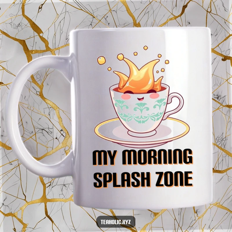 Funny Teacup Mug: Cheerful teacup character enthusiastically splashing in a saucer of tea, embodying pure morning joy and playful energy.