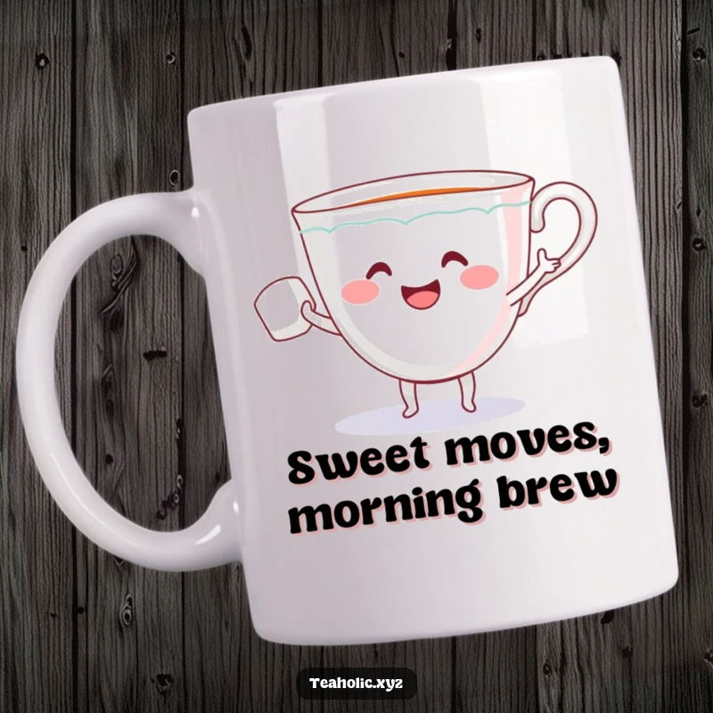 Funny mug featuring a smiling teacup with tiny arms joyfully dancing with a sugar cube, evoking happiness and lightheartedness.