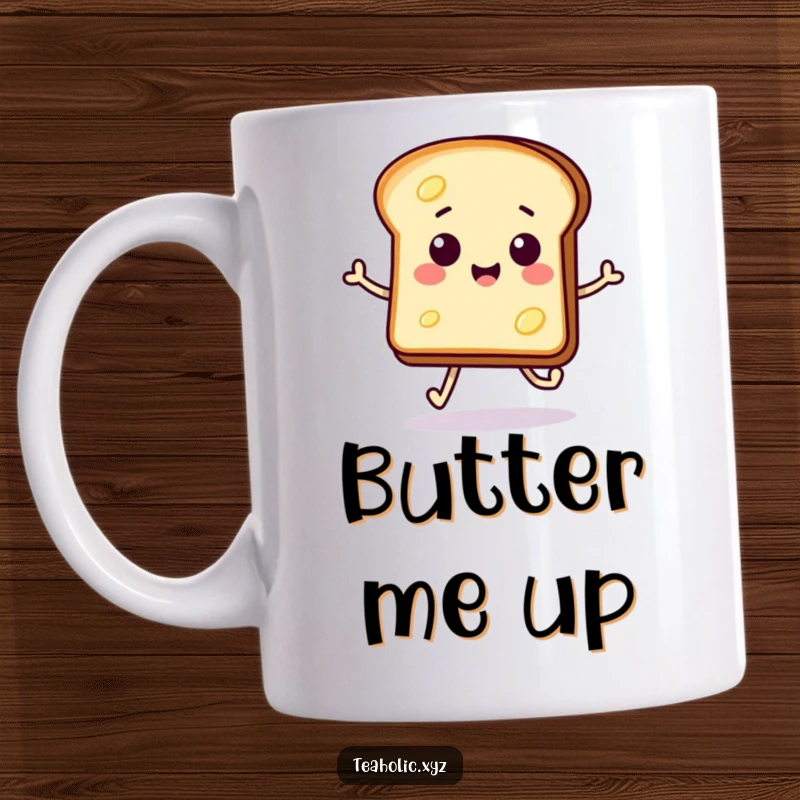 Funny mug featuring a buttered toast slice smiling and doing a happy hop-skip, radiating morning joy.
