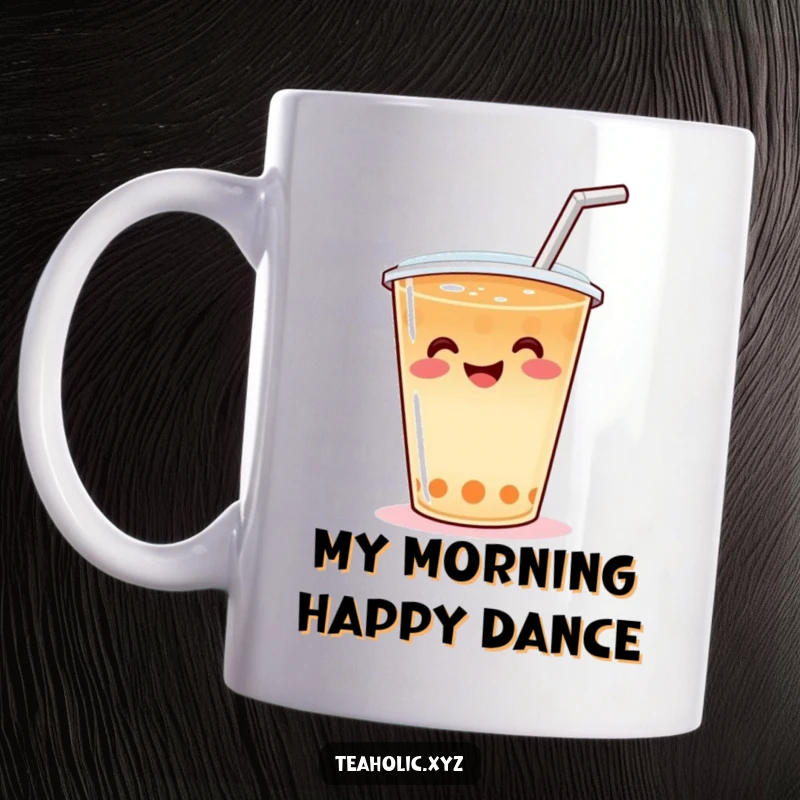 Funny Mug featuring a smiling cup of tea with a straw, joyously wiggling its way into your heart, a hilarious beverage companion.