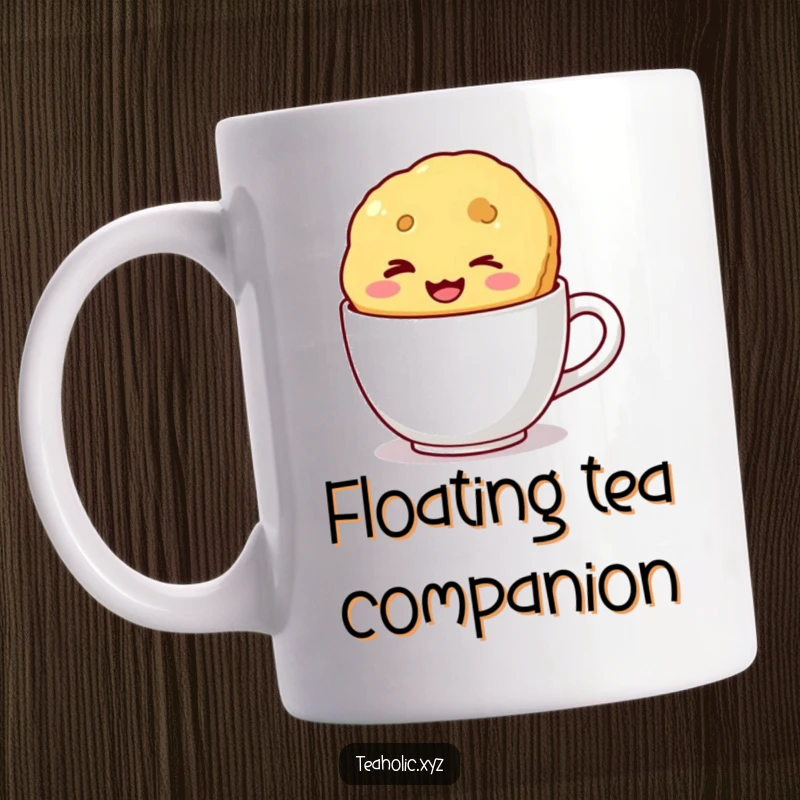 Funny mug featuring a winking biscuit with a wide smile happily floating in a mug, conveying mischievous delight.