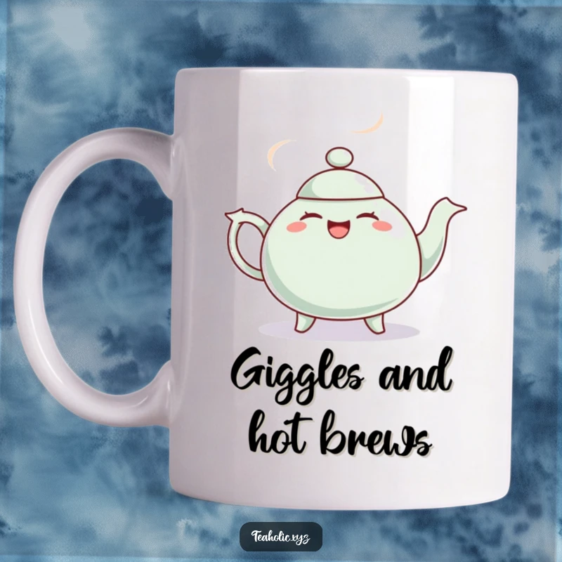 Funny mug featuring a giggling teapot with steam puffs energetically dancing a jig, bringing joy and motion to the design.