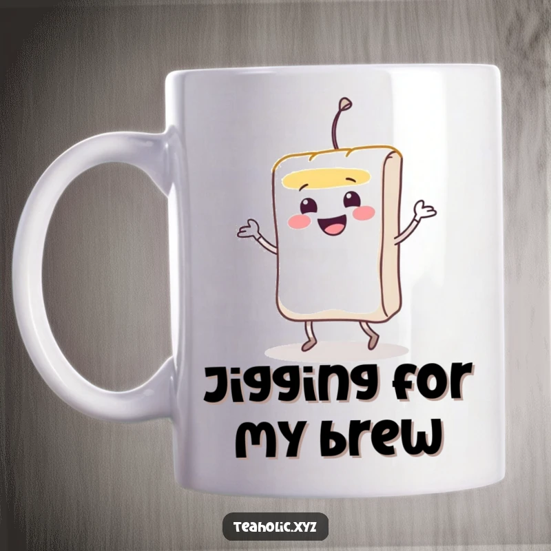 Funny smiling teabag character energetically doing a lively jig on a ceramic mug.