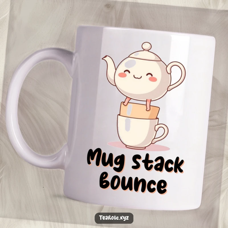 Funny, cheerful, round teapot character with legs bouncing merrily on a stack of mugs, depicted on a mug.