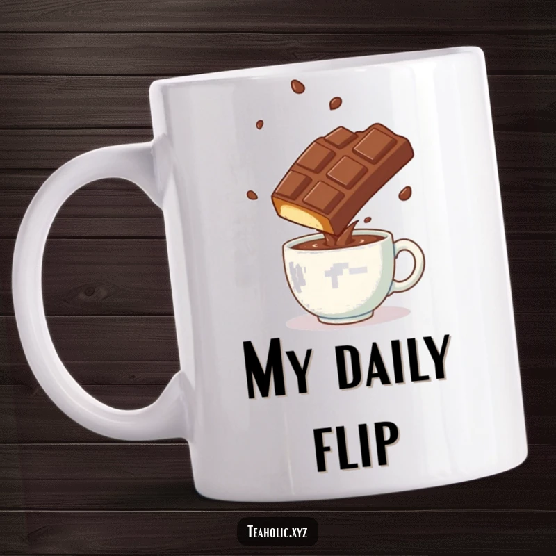 Funny playful chocolate bar doing a somersault over a steaming mug, symbolizing energy and morning joy.