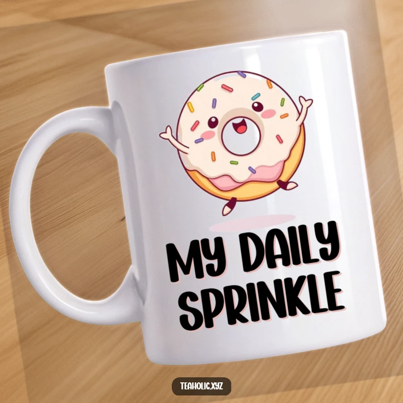 Funny Mug featuring a joyful, sprinkle-covered donut enthusiastically jumping up and down, exuding happiness and sugary delight.