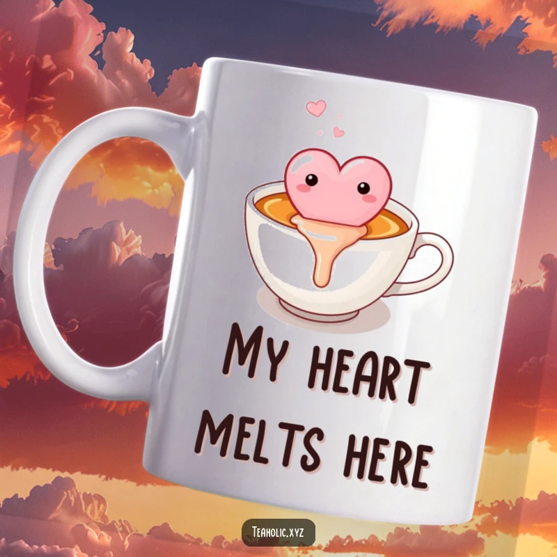 Funny candy heart character happily melting into a warm, steaming cup of tea on a charming mug.