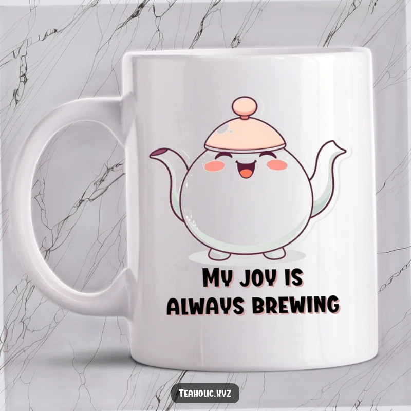 Funny mug featuring a cheerful teapot character bobbing up and down, overflowing with joy.