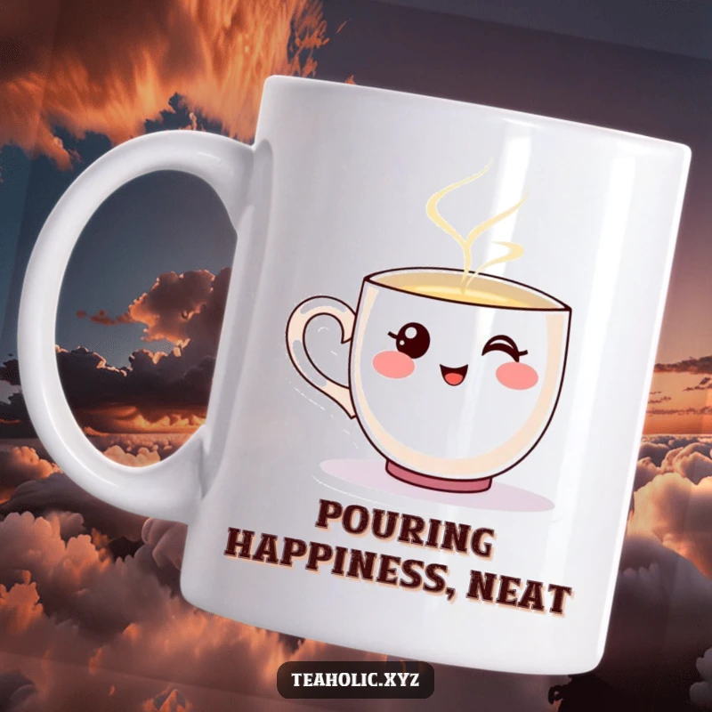 Funny mug featuring a smiling teacup character happily pouring a stream of steaming liquid.