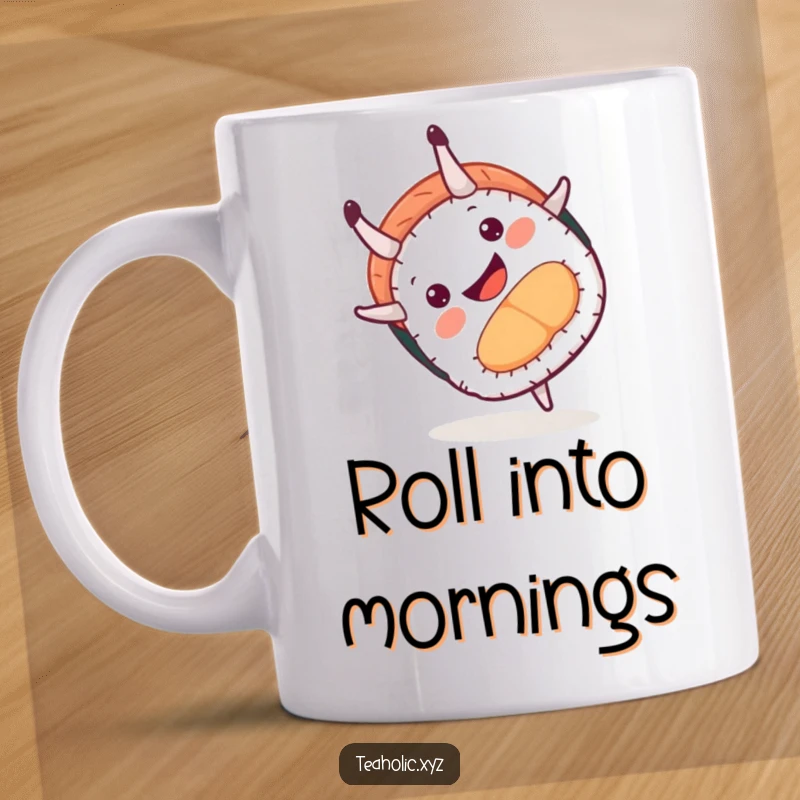 Funny mug showcasing a happy sushi piece performing a playful somersault with a huge smile, embodying culinary fun and energetic delight.