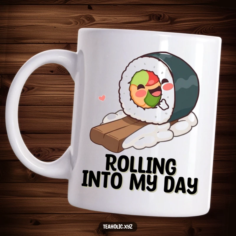 Funny Mug featuring a piece of sushi gleefully rolling downhill, embodying pure, unadulterated adventurous joy and deliciousness.