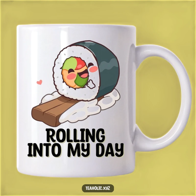 Funny Sushi Roll Mug: Gleeful Sushi Rolling Downhill, Perfect Funny Gift
