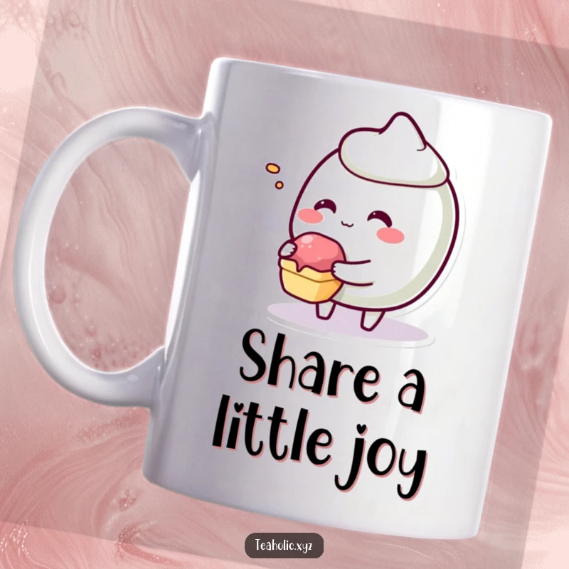 Funny giggling pastry character joyfully offering a tiny bite from its body on a mug.