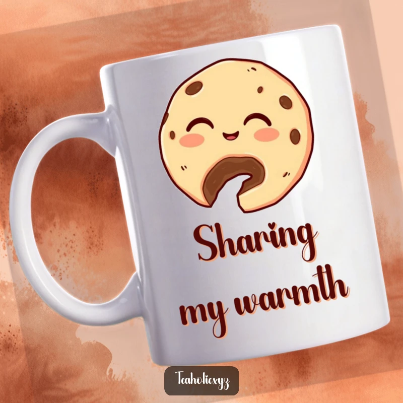 Funny Cookie Mug: A giggling cookie with a bite taken out generously offers a crumb, radiating pure, sweet generosity.