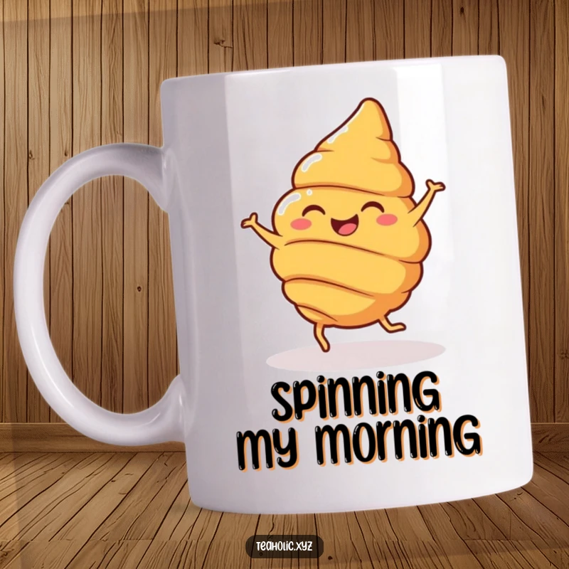 Funny Mug featuring a cheerful croissant with tiny legs, joyfully spinning around, embodying pure buttery delight and playful energy.