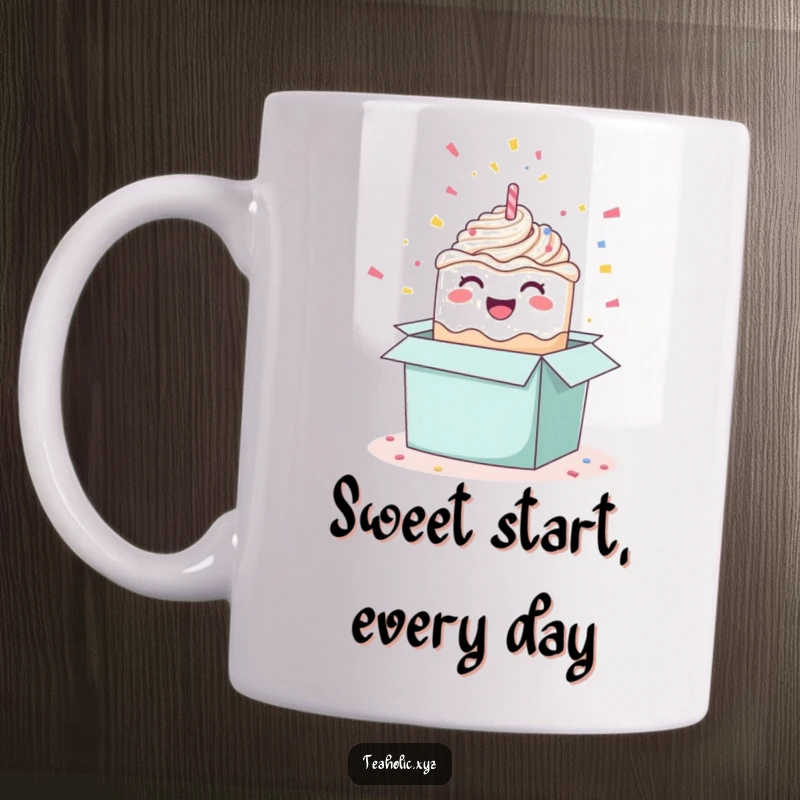 Funny happy cake mug with a cheerful cake popping out of a box surrounded by confetti, celebrating fun moments.