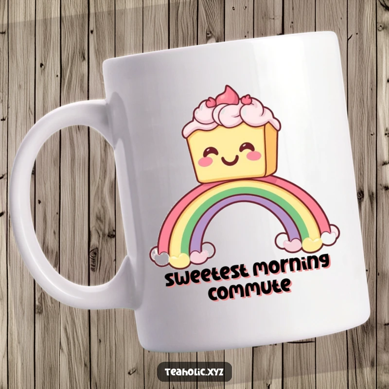 Funny mug featuring a grinning piece of cake with frosting sliding joyfully down a vibrant rainbow, embodying pure, silly excitement.