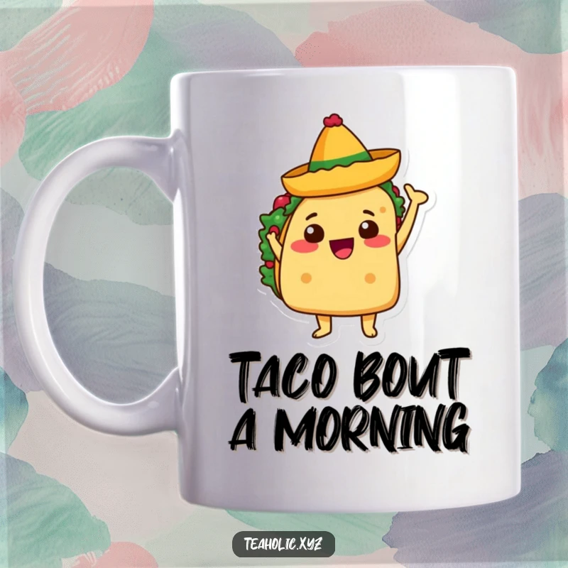Funny taco character mug, joyfully waving a tiny sombrero, perfect for fiesta lovers and taco enthusiasts.