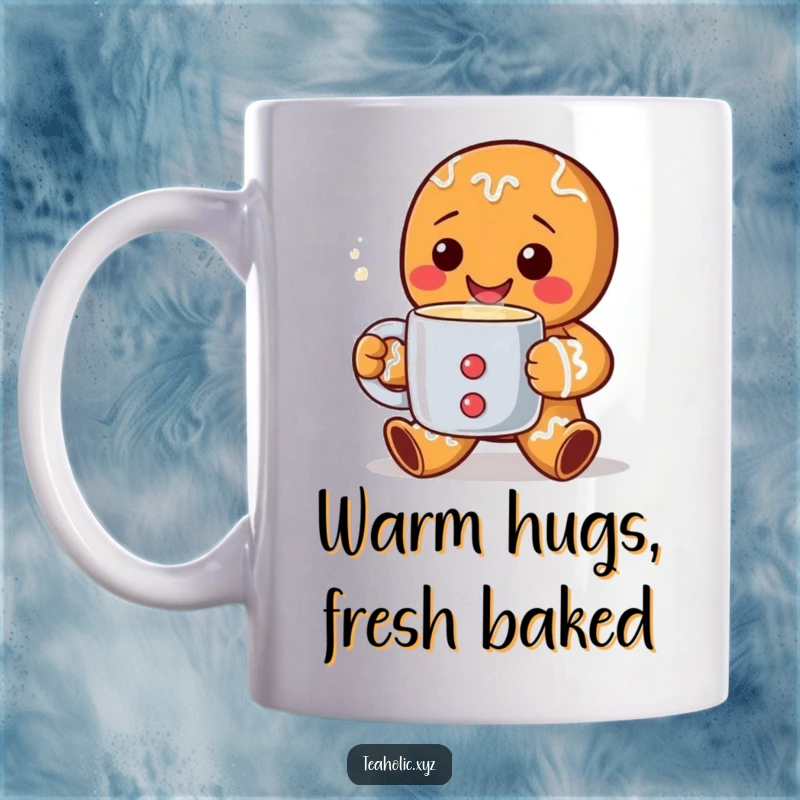 Funny Mug featuring a happy gingerbread man character with a big grin, offering a warm steaming mug of coffee or tea.