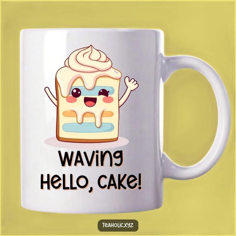 Funny Happy Cake Slice Mug - Joyful Dripping Frosting Waving Gift