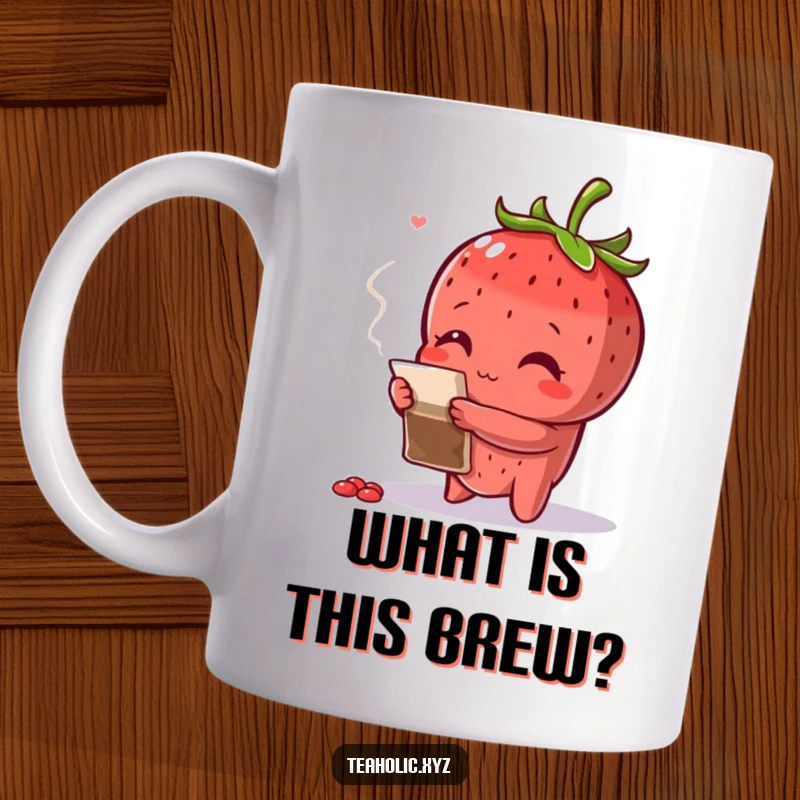Funny curious strawberry with arms crossed, inspecting a teabag intensely, on a humorous mug.