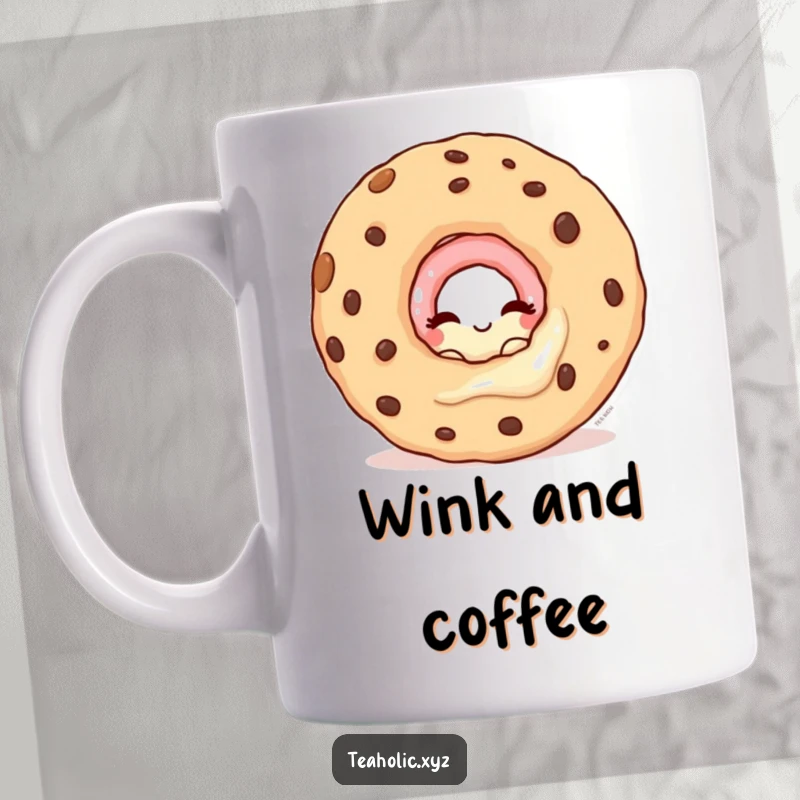 Funny mug featuring a winking donut character playfully peeking from behind a colossal, delicious-looking cookie.