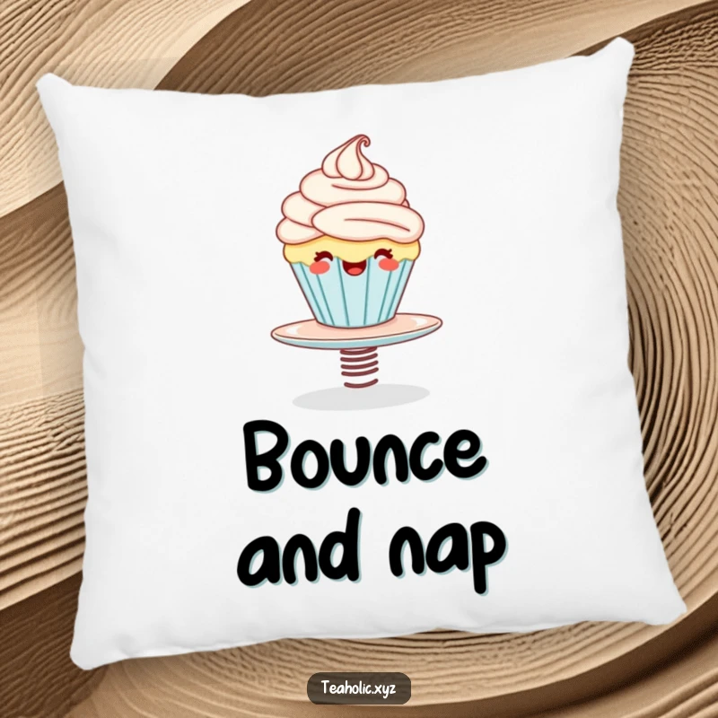 Funny pillow featuring a giggling cupcake character bouncing on a springy saucer, offering a cozy and humorous touch to any seating area.