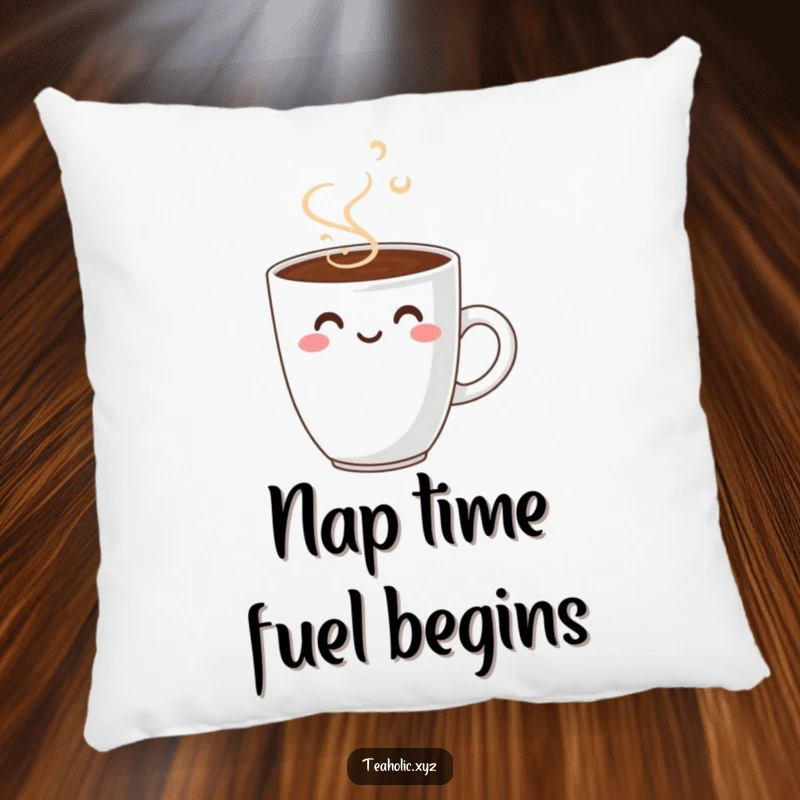 Funny smiling coffee cup pillow, soft and decorative cushion featuring a cheerful coffee cup with a happy steam design.