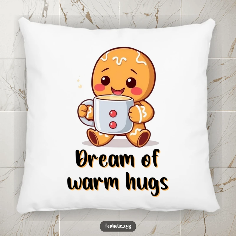 Funny Pillow featuring a smiling gingerbread man character offering a steaming mug, providing comfort and a touch of holiday cheer.