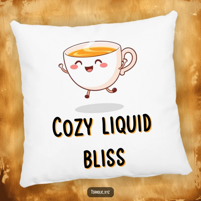 Funny Pillow showcasing a smiling tea cup in a happy jump with swirling steam, offering comfort and whimsical decor.