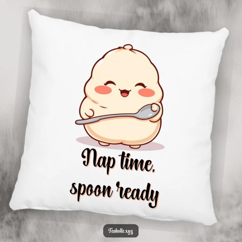 Funny pillow featuring a proud dumpling with rosy cheeks holding a tiny spoon, perfect for cozying up with a hint of food love.