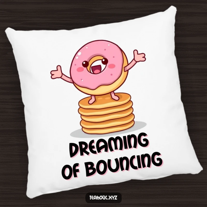 Funny pillow with a cheerful donut on legs bouncing on pancakes, providing a soft and humorous decorative element.