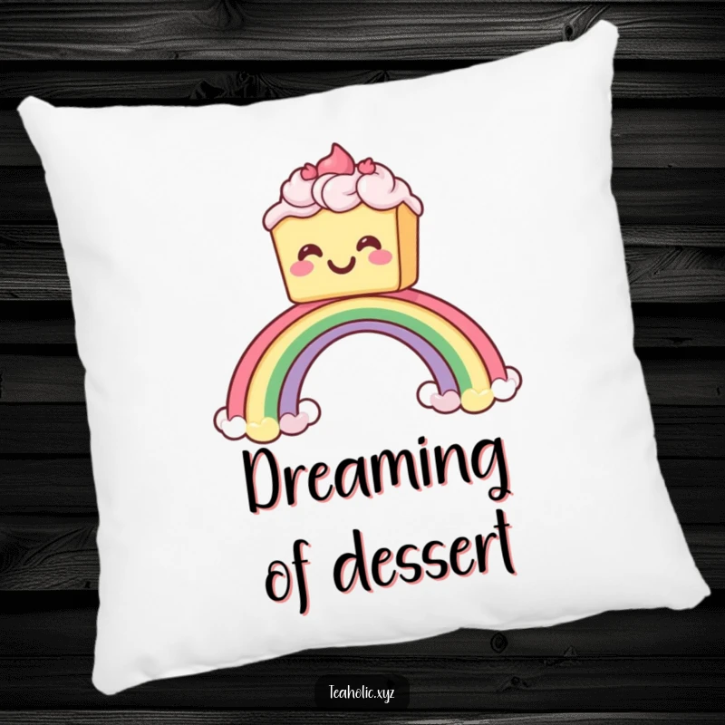 Funny pillow featuring a grinning cake with frosting sliding down a rainbow, offering soft comfort and a cheerful decorative accent.