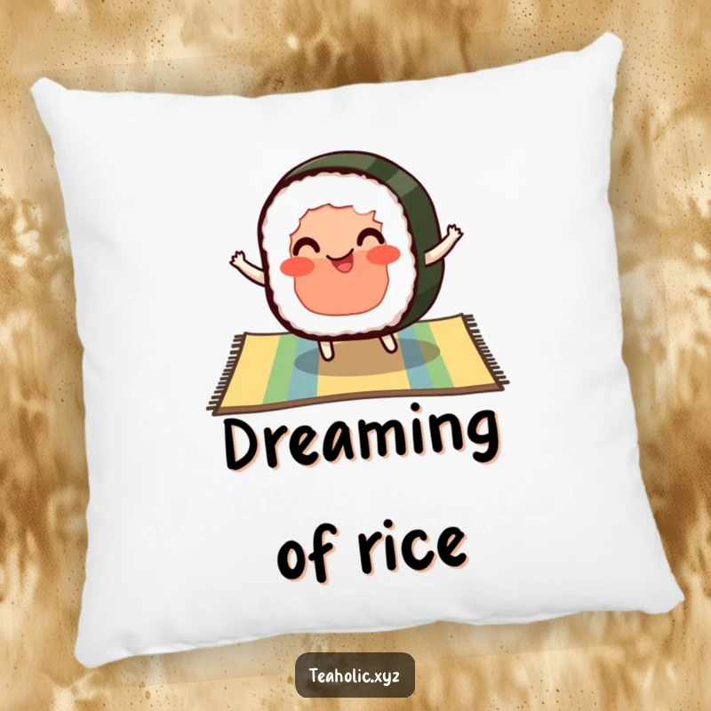 Funny pillow with a pleased slice of sushi with rosy cheeks bouncing on a colorful mat, adding soft humor to decor.