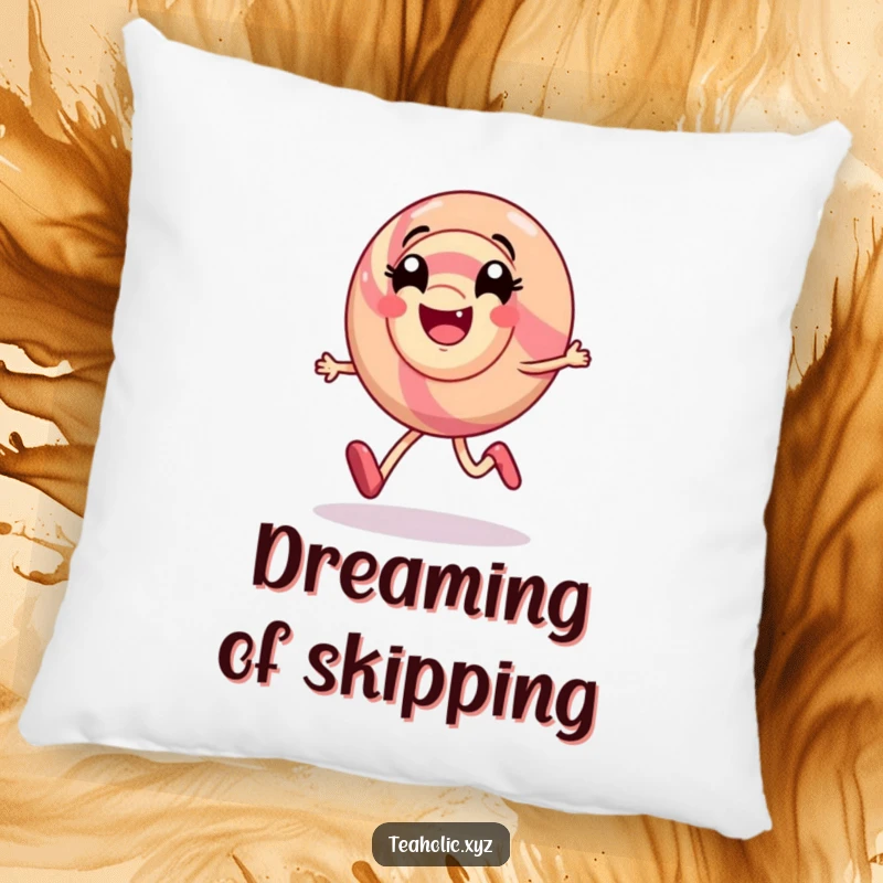 Funny pillow featuring a smiling candy character happily skipping with a swirl of delight, offering cheerful comfort.