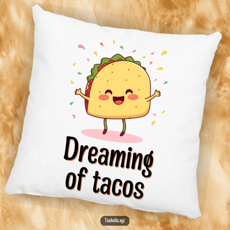 Funny pillow with a cheerful taco with legs dancing amidst confetti, adding soft humor and fiesta vibes.