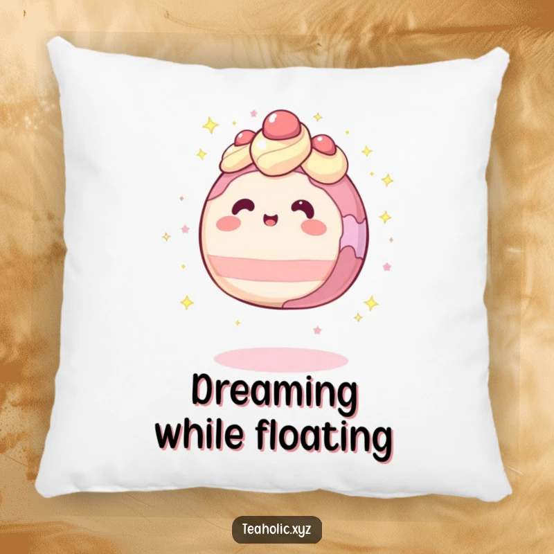 Funny pillow featuring a round cake character levitating, surrounded by soft sparkles, offering enchanting comfort.