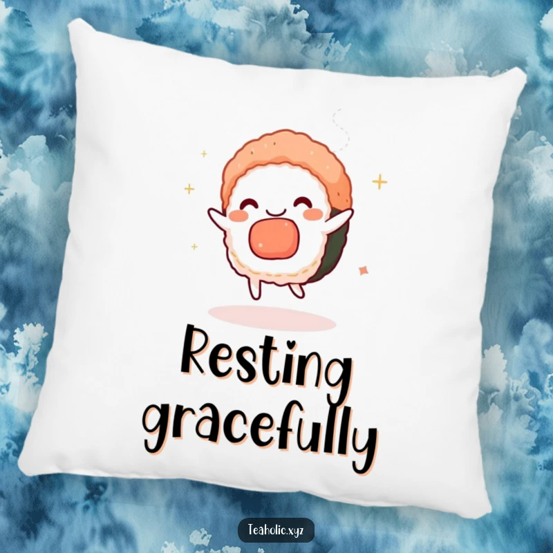 Funny sushi pillow featuring a charmed sushi piece dancing with tea steam, a soft and humorous decorative accent.