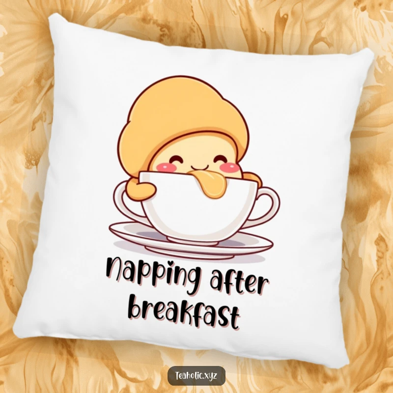 Plush smiling croissant character, taking a huge sip from a teacup, perfect for cozying up.